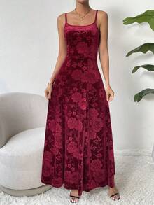 SHEIN Privé 花卉圖案提花絲絨吊帶洋裝 - 酒紅色 - 查看 6