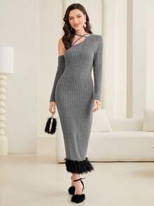 Modelyn Asymmetrical Neck Fuzzy Hem Bodycon Dress Without Belt - Dark Grey - View 3