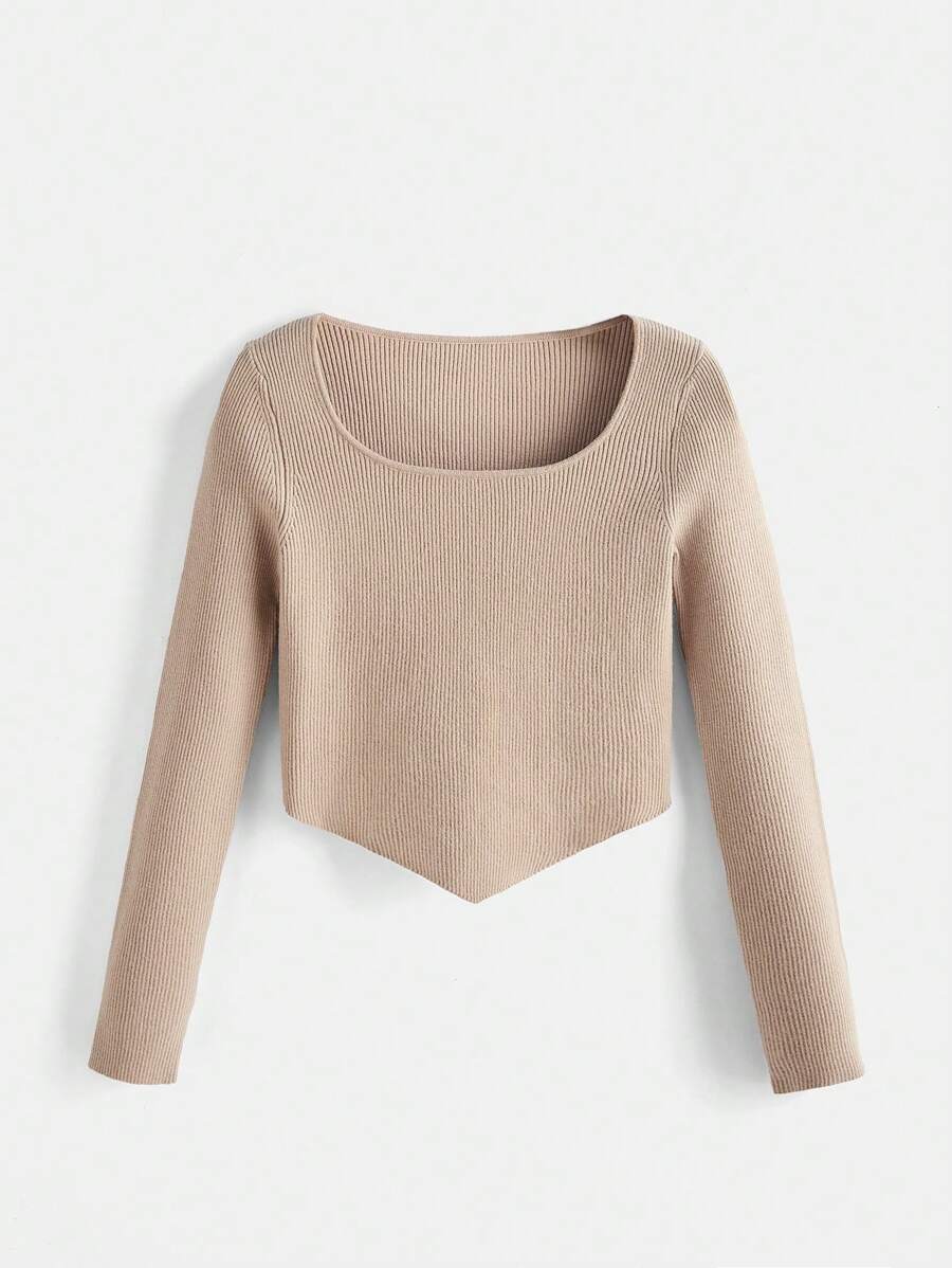SHEIN BASICS Solid Scoop Neck Asymmetrical Hem Crop Sweater - Apricot - View 1