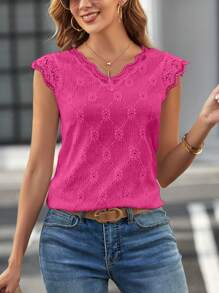 SHEIN Clasi 蕾絲拼接罩袖貝殼邊T恤 - 玫紅色 - 查看 3