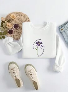 SHEIN EZwear 花卉圖案&標語刺繡運動衫 - 白色 - 查看 1
