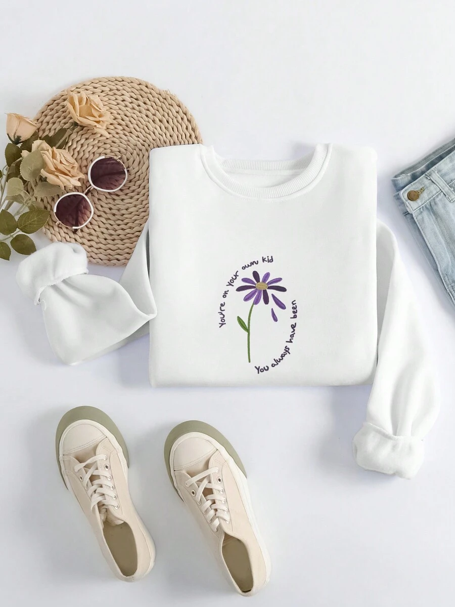 SHEIN EZwear 花卉圖案&標語刺繡運動衫 - 白色 - 查看 1