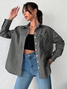 RueChic Striped Print Drop Shoulder Curved Hem Shirt - Black - View 4