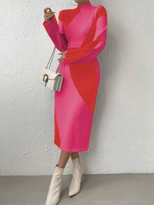 SHEIN Essnce Two Tone Turtleneck Sweater Dress Without Belt - Multicolor - View 6