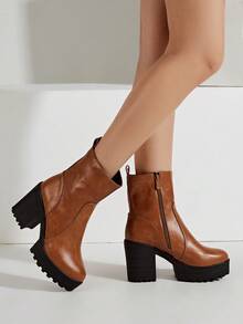 女性粗跟/高跟踝靴,帶防水平台 - 棕色 - 查看 3