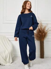 RueChic Teen Girls' Letter Printed Drop Shoulder Sweatshirt And Pants Set - Royal Blue - View 1
