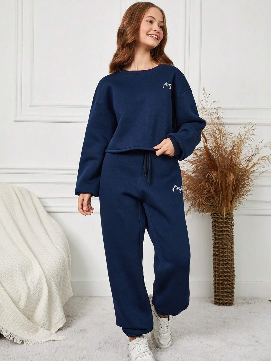 RueChic Teen Girls' Letter Printed Drop Shoulder Sweatshirt And Pants Set - Royal Blue - View 1