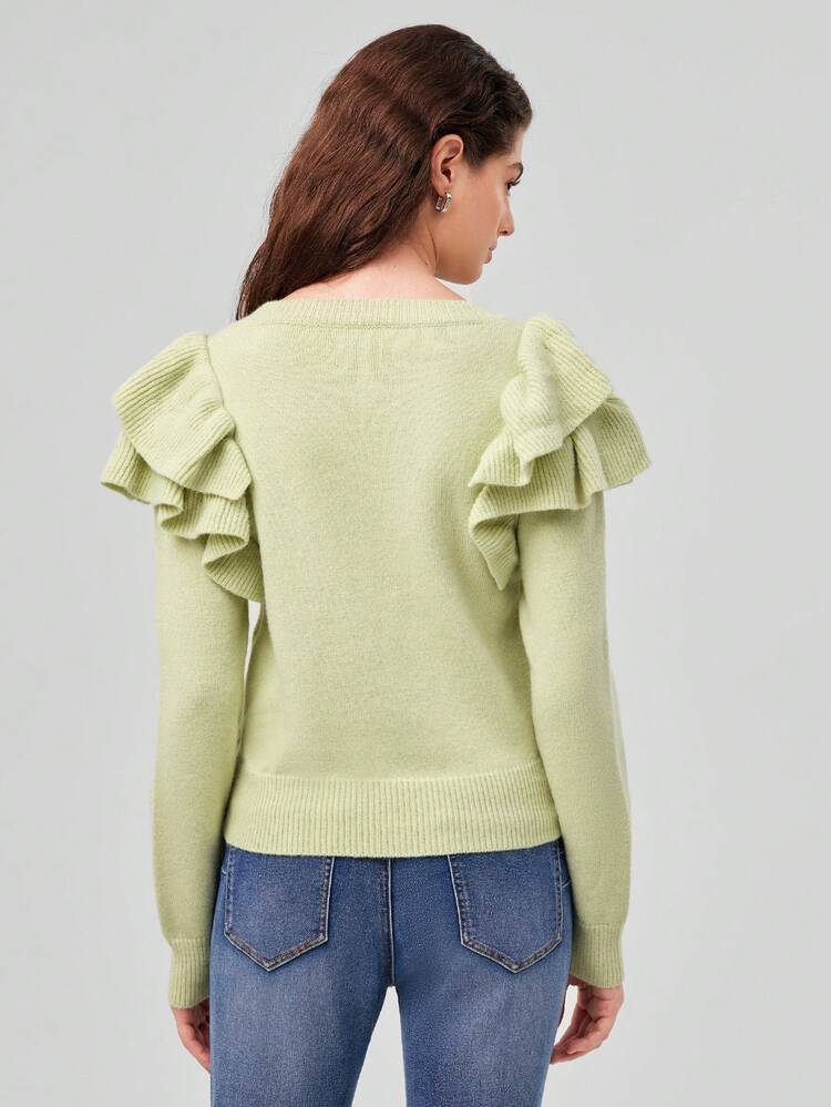 Ruffle Trim Solid Sweater