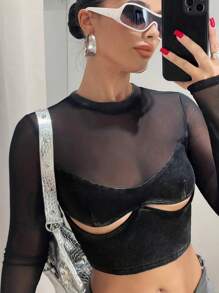 SHEIN ICON Women's Contrast Mesh & Hollow Out Blouse - Black - View 3