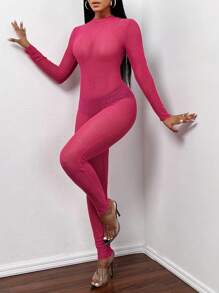 Slaydiva Solid  Glitter Mesh Unitard Jumpsuit With Hooded Gaiter - Hot Pink - View 3