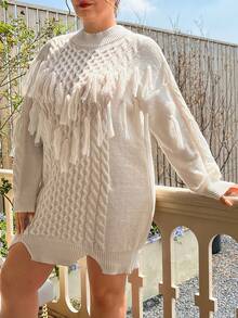 SHEIN MOOSTA Talla grande Vestido de punto ribete con fleco de hombros caídos bajo con abertura - Blanco - Ver 6