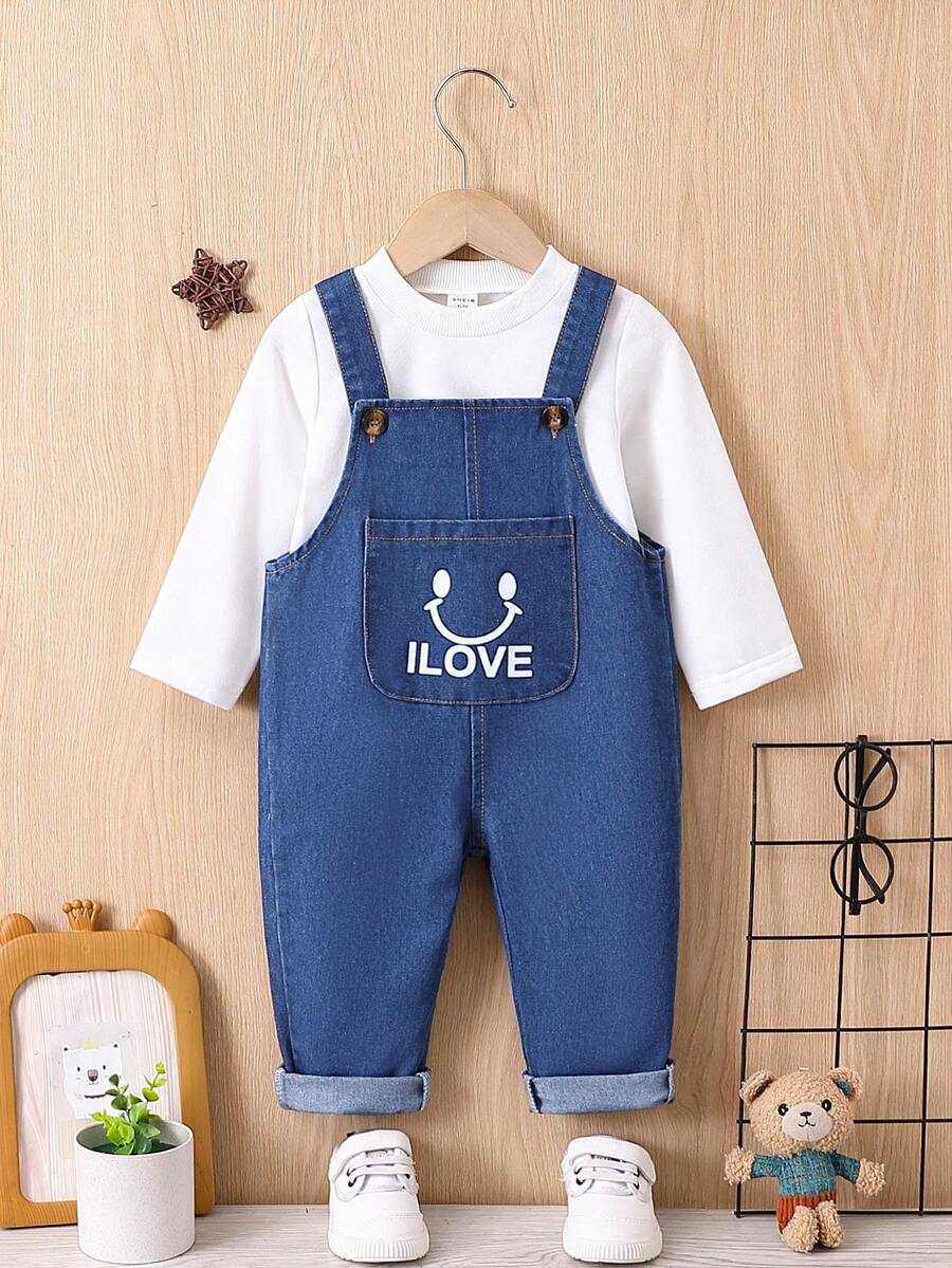 SHEIN Baby Boy Solid Tee & Cartoon & Letter Graphic Overall Jumpsuit - Multicolor - View 1