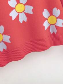 SHEIN Tween Girl Floral Pattern Drop Shoulder Sweater - Watermelon Pink - View 5