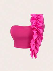 Flirla Hơn Một bờ vai Viền Ruffle Top Cây trồng - Màu Hồng Tươi - Xem 1