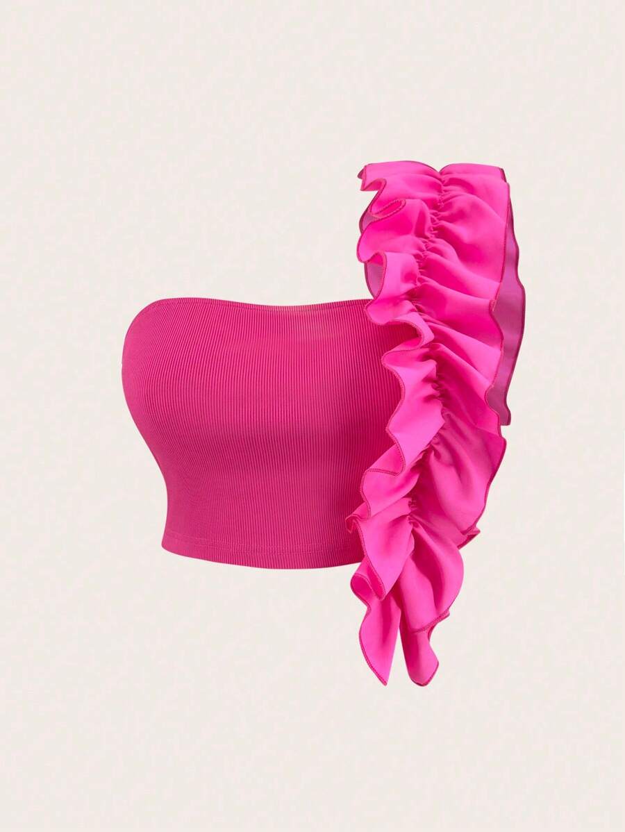Flirla Hơn Một bờ vai Viền Ruffle Top Cây trồng - Màu Hồng Tươi - Xem 1