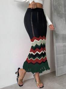 SHEIN LUNE 鋸齒圖案魚尾裙下擺針織短裙 - 彩色 - 查看 1