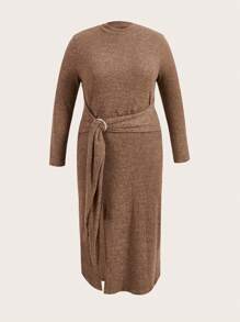 SHEIN Essnce Plus Mock Neck Knot Side Split Thigh Dress - Khaki - View 1