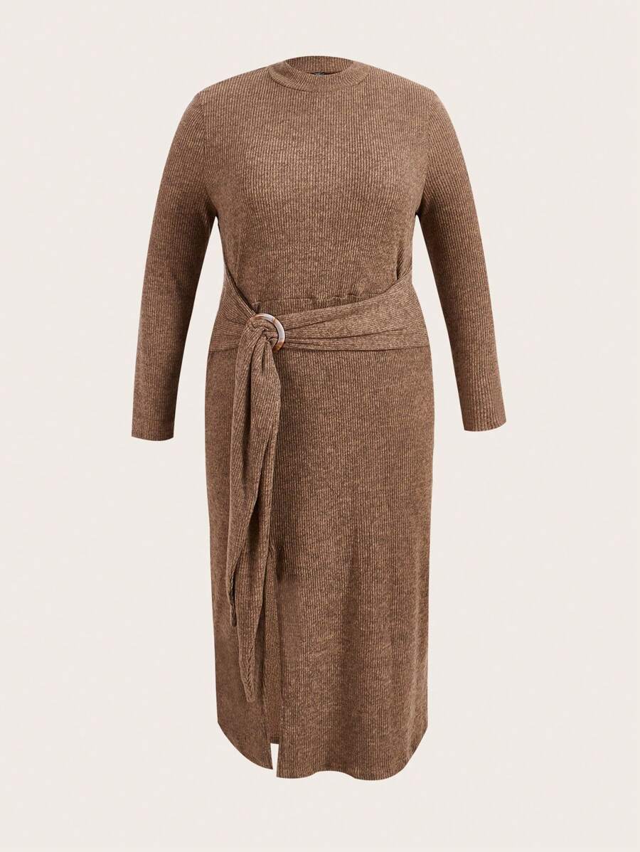 SHEIN Essnce Plus Mock Neck Knot Side Split Thigh Dress - Khaki - View 1