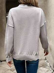 Chiquease Contrast Scallop Trim Drop Shoulder Knit Pullover Fall Winter Sweater - Grey - View 2