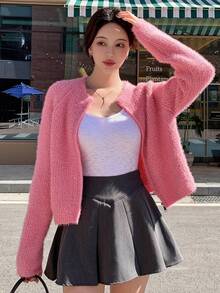 DAZY Chất rắn Tay Raglan Đan mềm mại Áo len Mở - Màu Hồng Tươi - Xem 2