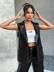 Muchica Lapel Neck Flap Detail Vest Blazer - Black - View 1