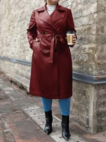SHEIN Frenchy 大碼西裝領雙排釦腰帶PU皮革風衣外套 - 酒紅色 - 查看 7