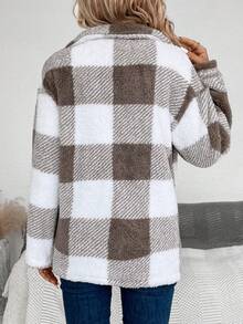 SHEIN Essnce Abrigo con estampado de cuadros con doble bolsillo de hombros caídos - Caqui - Ver 2