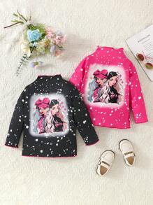 SHEIN Young Girl 2pcs Figure Graphic Mock Neck Tee - Multicolor - View 1