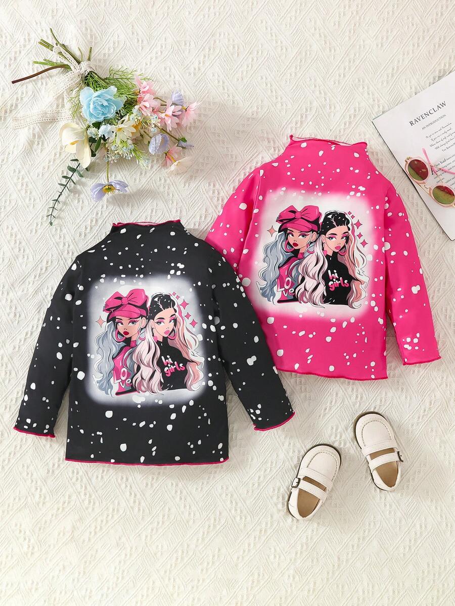 SHEIN Young Girl 2pcs Figure Graphic Mock Neck Tee - Multicolor - View 1