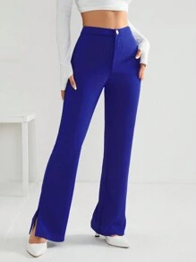 SHEIN PETITE High Waist Flare Leg Pants - Royal Blue - View 3