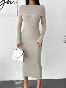 Cloudara Foldover Off Shoulder Sweater Dress - Beige - View 3