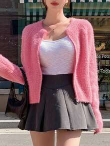 DAZY Chất rắn Tay Raglan Đan mềm mại Áo len Mở - Màu Hồng Tươi - Xem 7