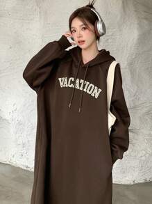 Dazy Star 字母圖案插肩袖抽繩連帽衛衣裙 - 棕色 - 查看 5