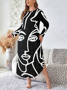 SHEIN LUNE 大碼人像圖案隱藏口袋弧形下擺洋裝 - 黑色 - 查看 4