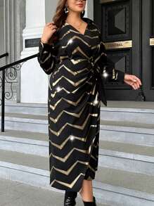 EMERY ROSE Plus Tie Side Sequin  Wrap Dress - Multicolor - View 3