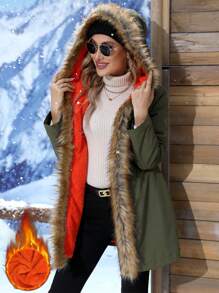 SHEIN Unity 毛绒装饰连帽前开式保暖衬垫外套衣服冬季 - 綠色 - 查看 1