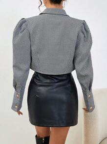 SHEIN Privé 千鳥格印花泡泡袖襯衫 - 黑與白 - 查看 2