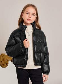 SHEIN Chaqueta corta tejida para niñas preadolescentes con ajuste holgado, unicolor y cuello de pie para ocasiones casuales - Negro - Ver 4