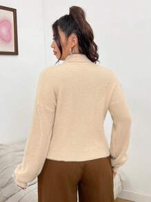 SHEIN Unity Plus Size High Neck Sweater With Letter Patchwork And Dropped Shoulders - Khaki - View 2