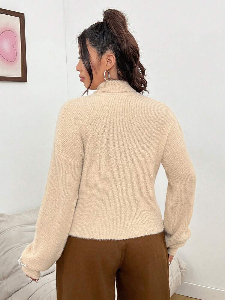 Plus Size High Neck Sweater With Letter Patchwork And Dropped Shoulders