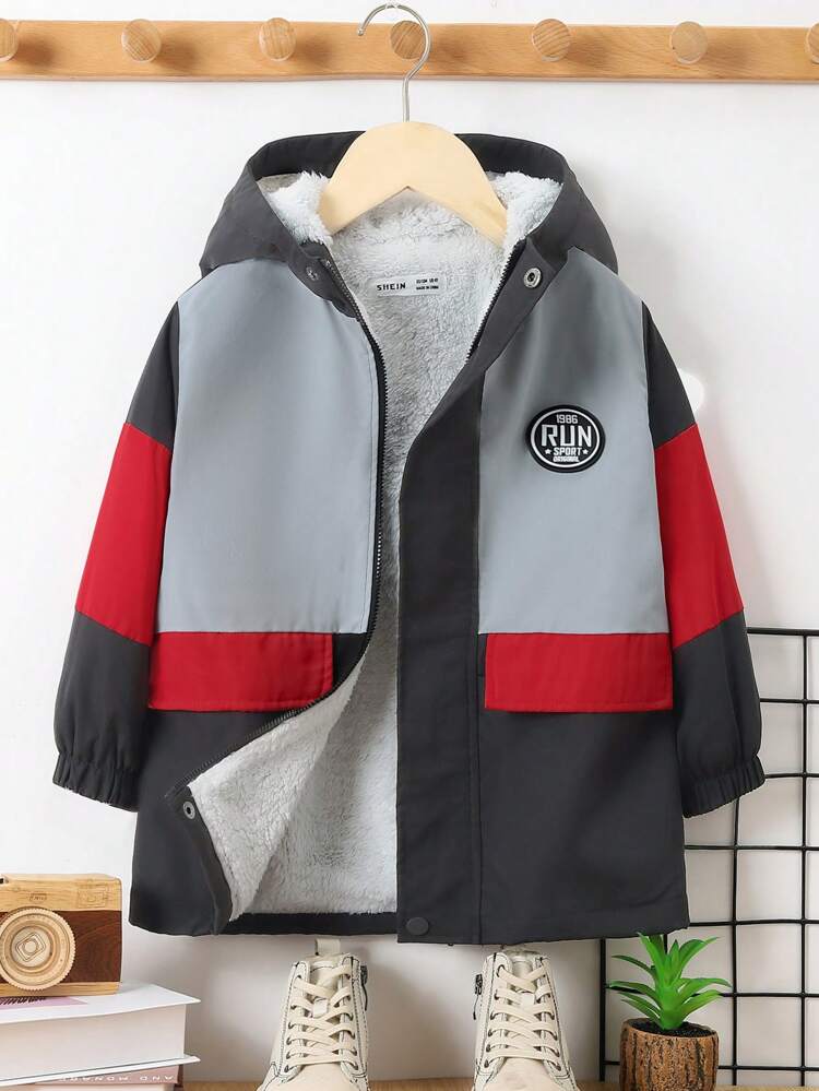 Young Boy Casual Soft Comfortable Hooded Jacket With Plush Lining And White Letter Patchwork For Autumn And Winter