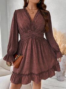 Flirla 大碼斑點印花喇叭袖荷葉邊洋裝 - 彩色 - 查看 3