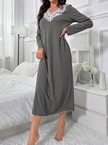 女士宽松睡裙睡衣裙配蕾丝花边领口长裙 - 深灰色 - 查看 5