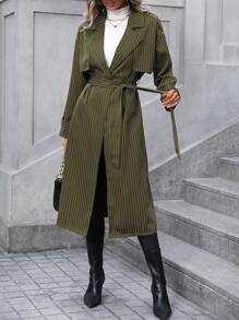 SHEIN LUNE 條紋印花西裝領腰帶風衣外套 - 軍綠色 - 查看 5