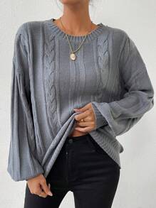 SHEIN LUNE Cable Knit Drop Shoulder Knit Pullover Fall Winter Sweater - Grey - View 1