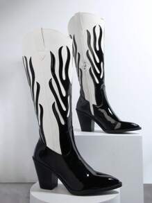 SHUZIA Botas fuego patrón de dos tonos sin cordones mitad de la pantorrilla - Blanco y Negro - Ver 2