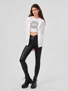 Forever 21 V 型腰緊身褲 - 黑色 - 查看 6