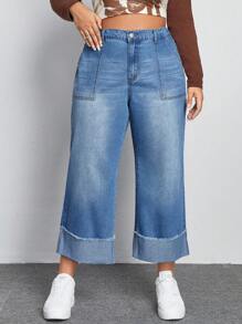 SHEIN EZwear Plus Raw Trim Roll Up Hem Wide Leg Jeans - Medium Wash - View 1
