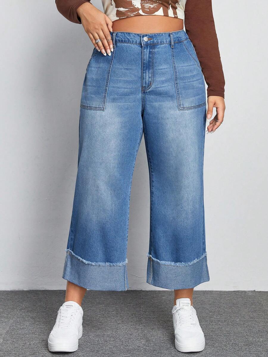 SHEIN EZwear Plus Raw Trim Roll Up Hem Wide Leg Jeans - Medium Wash - View 1