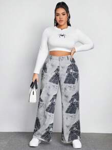 SHEIN EZwear 大碼圖案印花闊腿牛仔褲 - 彩色 - 查看 3